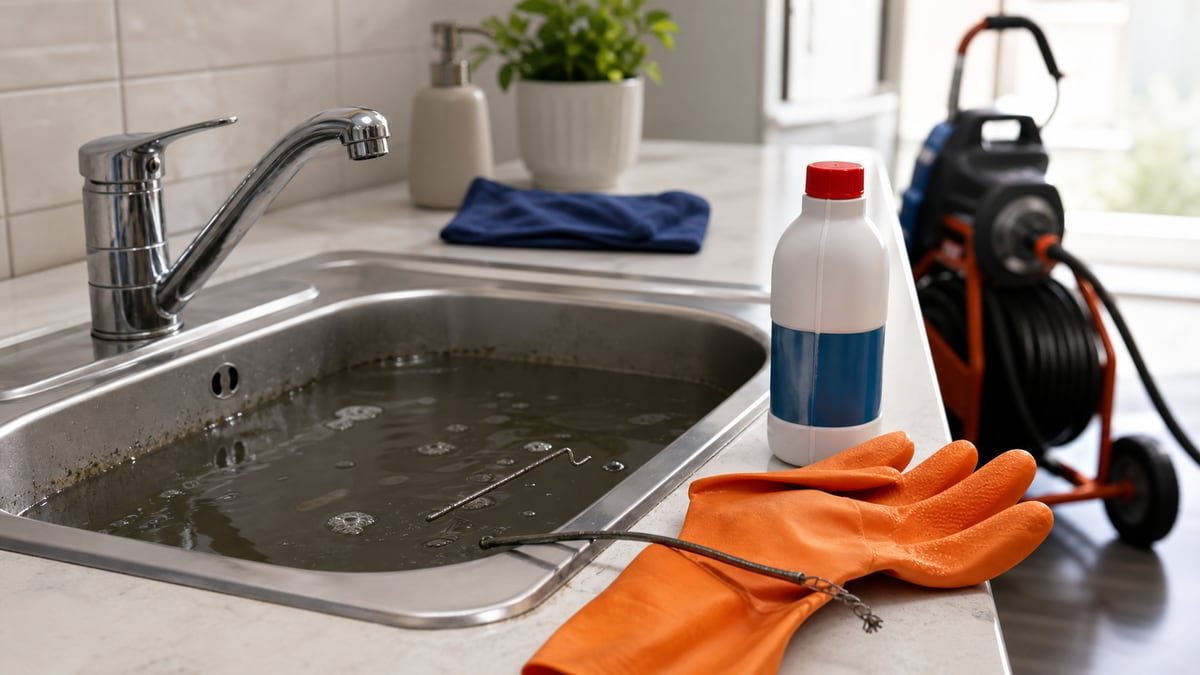 Evde tıkanıklık açma hataları için lavabo ve güvenli servis ekipmanı görseli